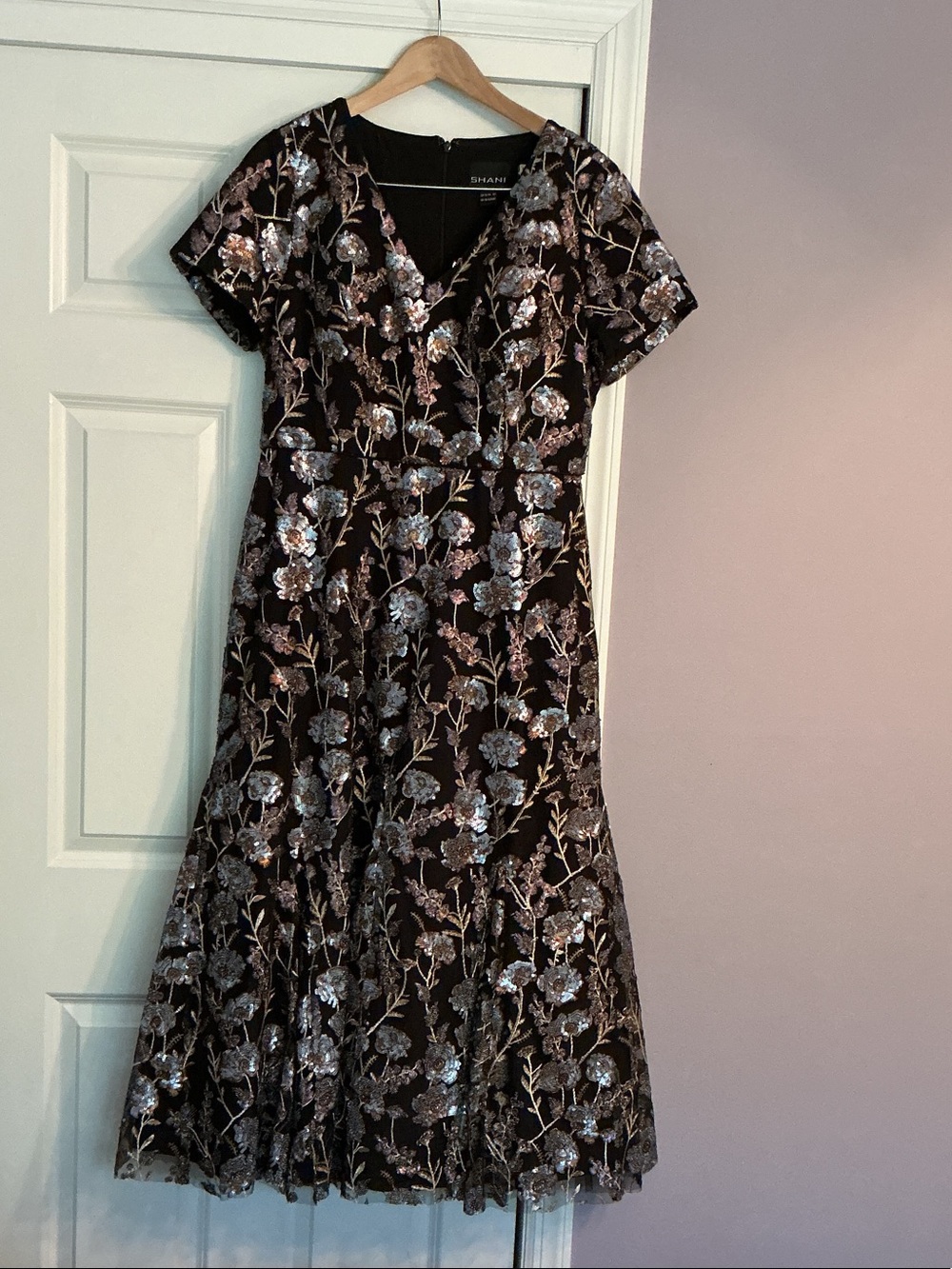 SHANI Black Floral-Embroidered Midi Dress with Sequin Accents